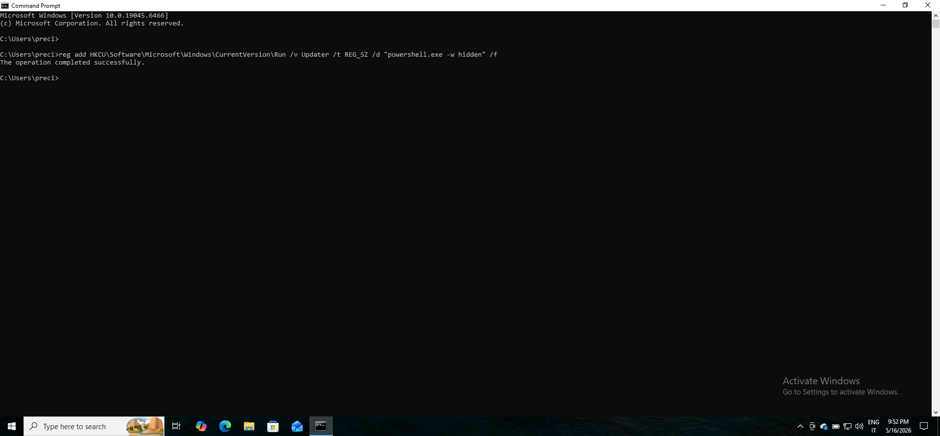 Registry Persistence Command Execution