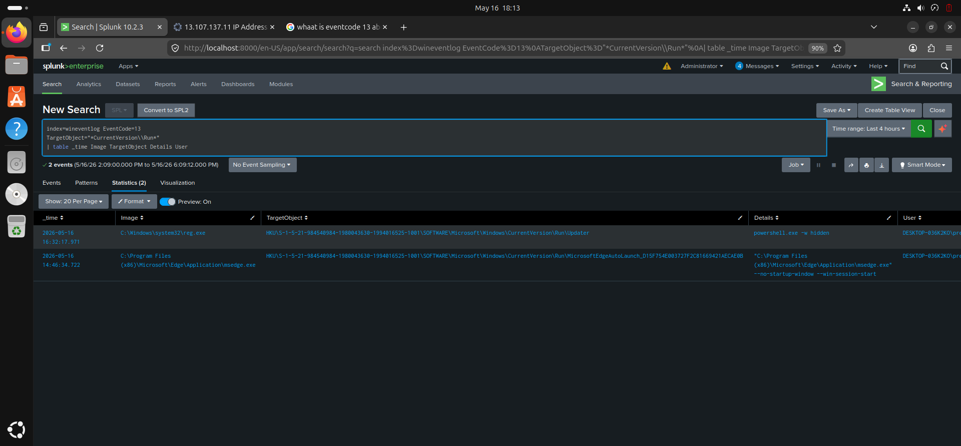 Sysmon Event ID 13 Persistence Detection