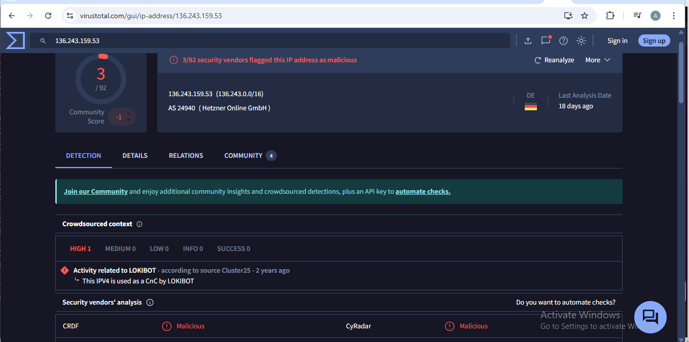 VirusTotal IP Reputation Check
